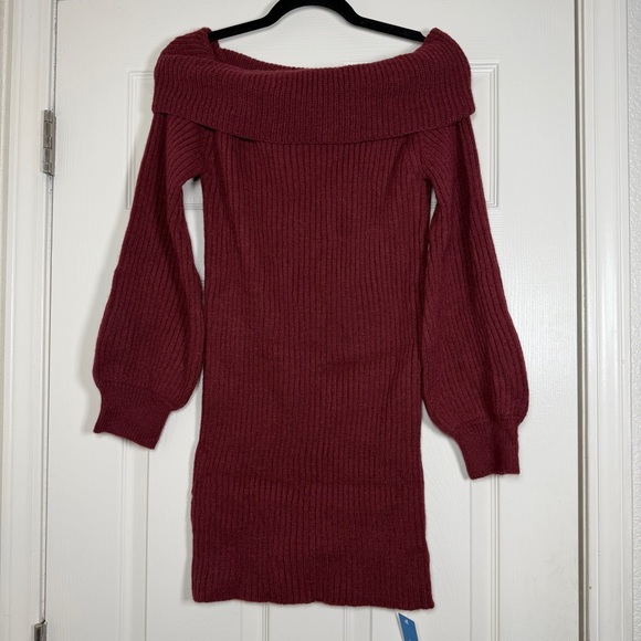 Cupshe Dresses & Skirts - Cupshe Ribbed Off The Shoulder Sweater Mini Dress Puff Sleeve Fitted Cozy Warm M